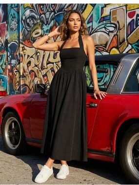 ZESICA Women's Summer Sleeveless Halter Midi Black Dress Size Large